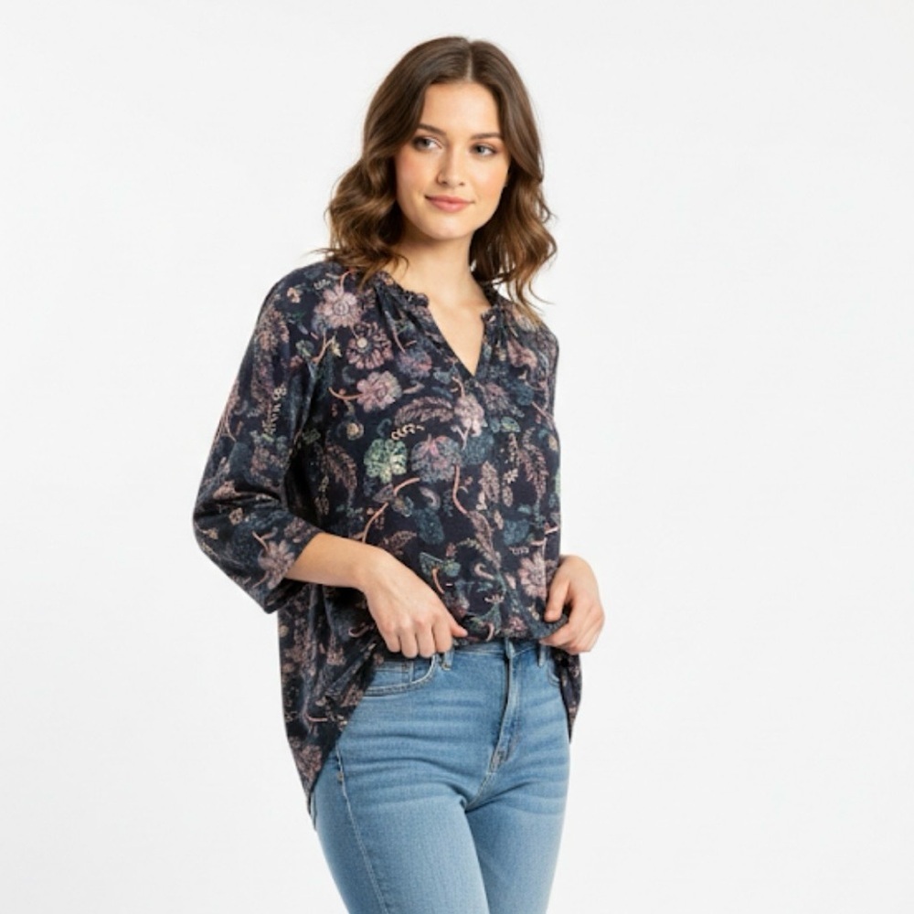 Jason Maxwell Floral Blouse Navy Blue 3/4 Sleeve Cotton Blend Women’s Size L NWT